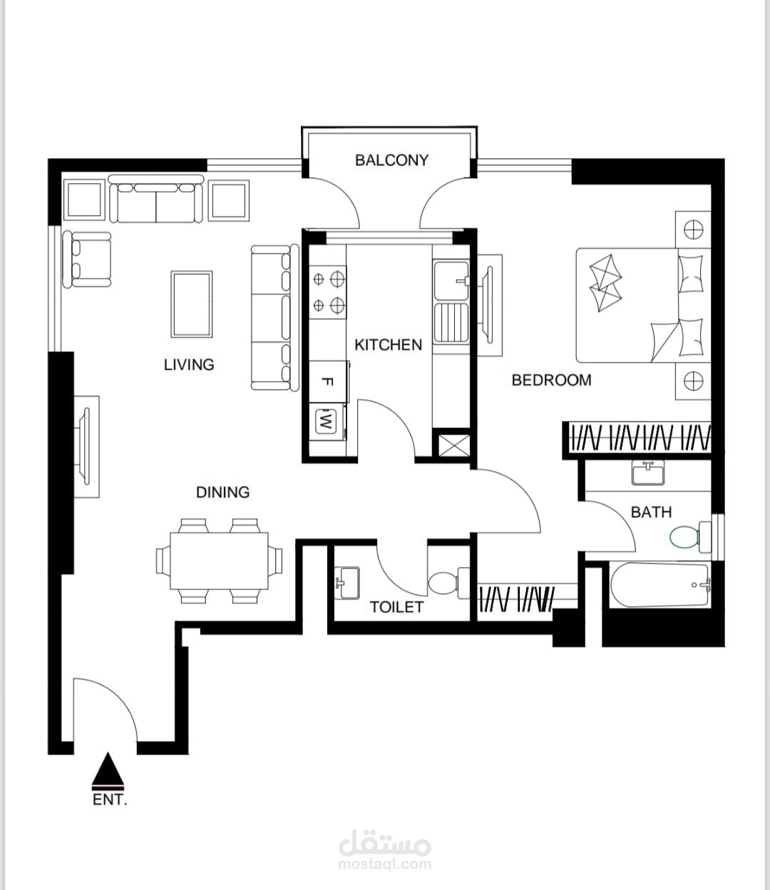 مخطط معماري لشقة  غرفةو صالة ومطبخ منفصل بالفرش Autocad 2D  plan