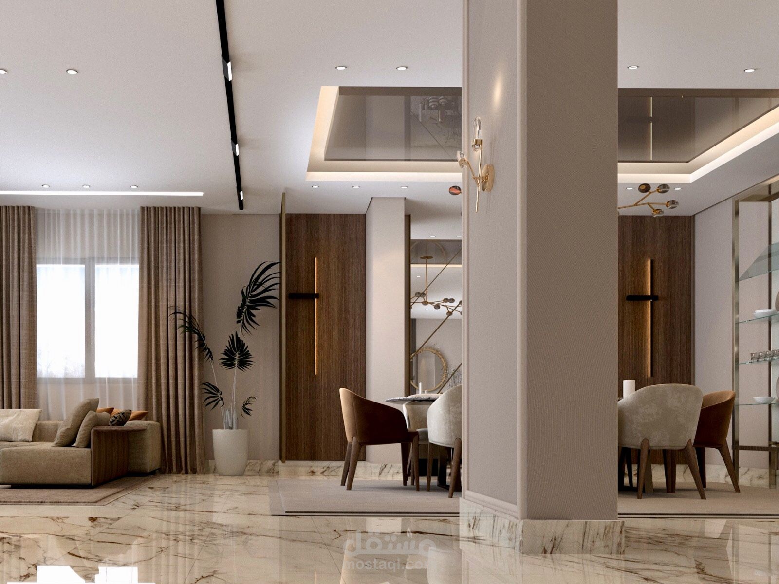مشروع تصميم داخلي لشقة متوسطة المساحة، تم تنفيذه بأسلوب مودرن بسيط يجمع بين الأناقة والراحة.