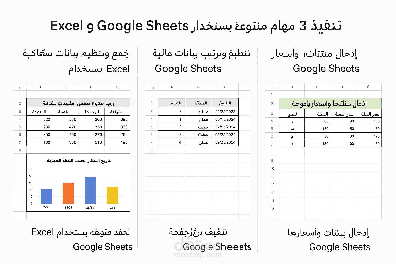 تنفيذ 3 مهام متنوعة باستخدام Excel وGoogle sheets