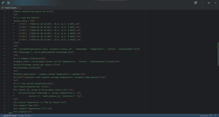 تحليل بيانات حساسات هندسية باستخدام Python – تمثيل إحصائي وبياني