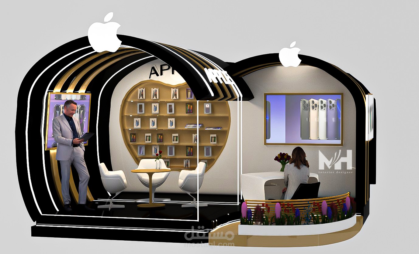 تصميم بوث تجاري لعلامة Apple لبيع الهواتف