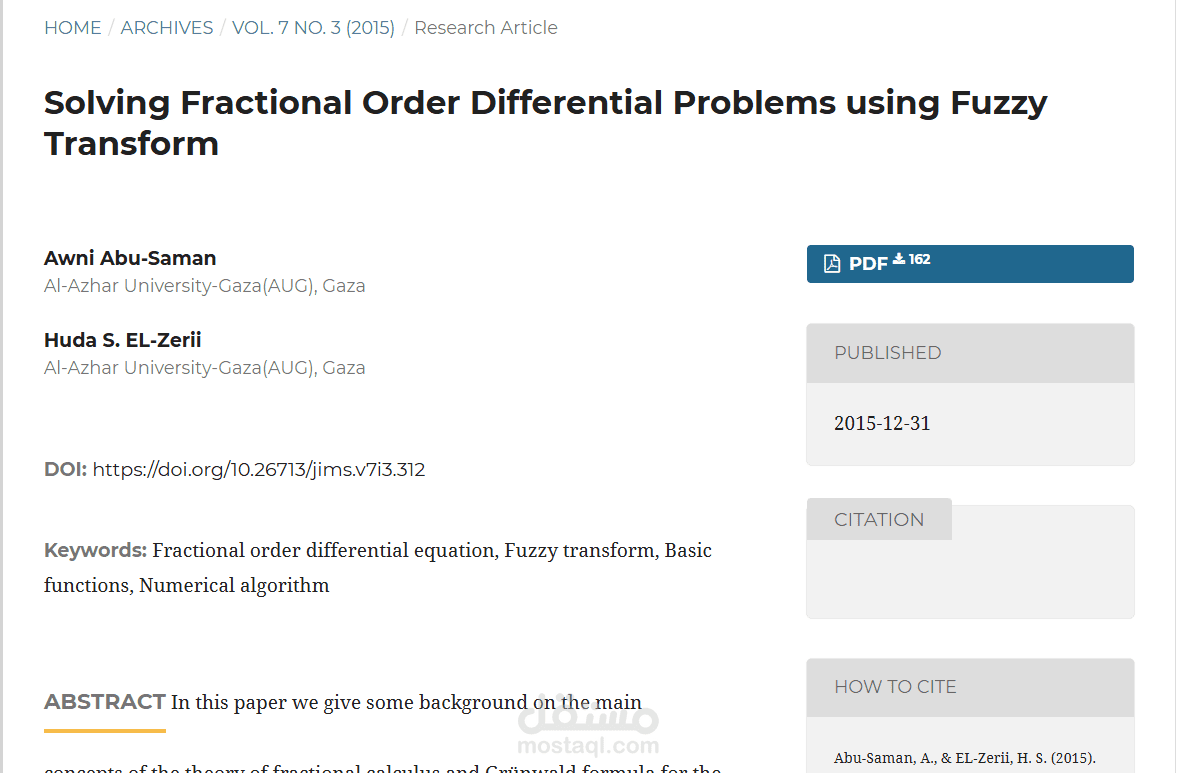بحث علمي بعنوان Solving Fractional Order Differential Problems using Fuzzy Transform