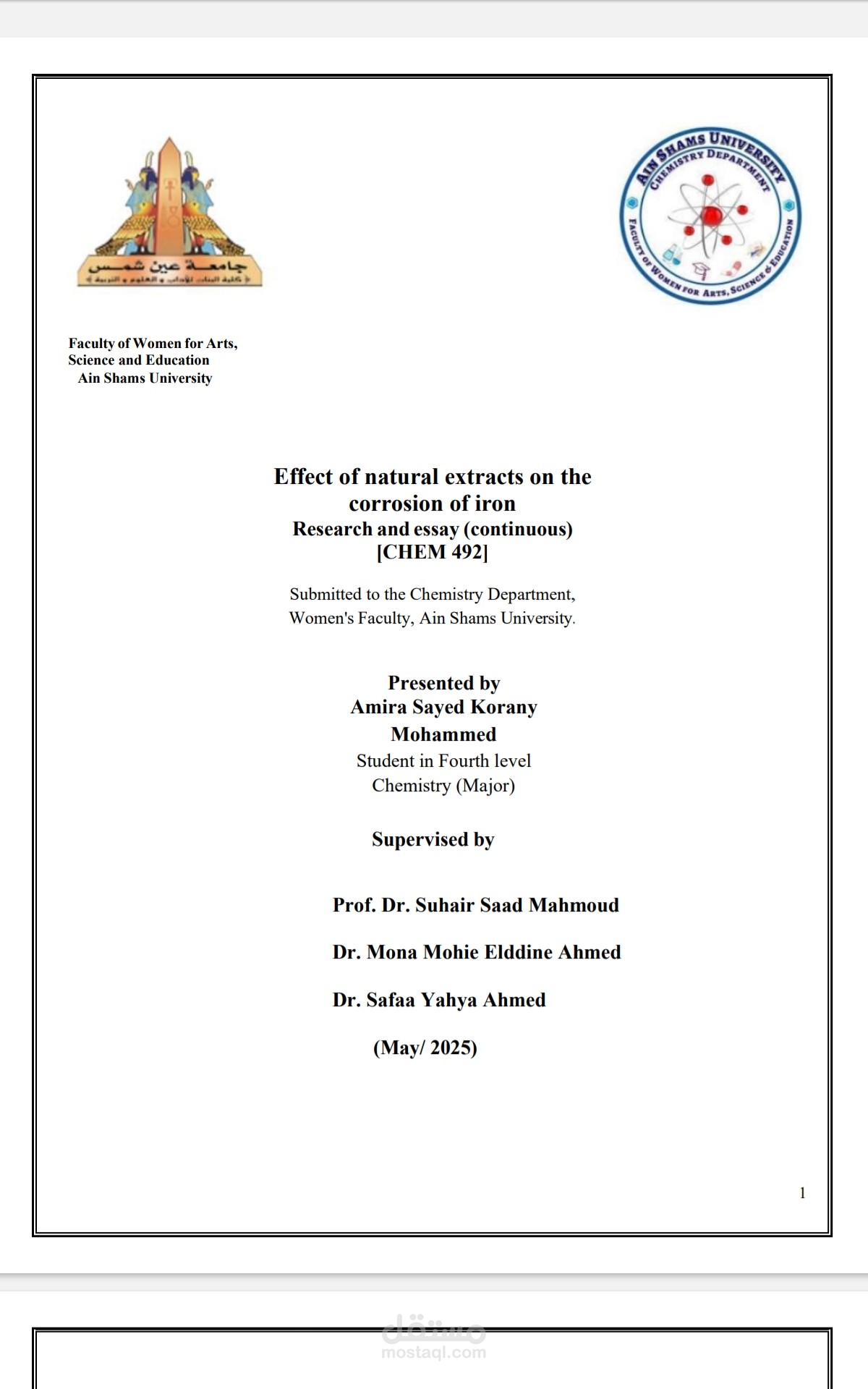 Graduation Project – The Effect of Natural Extracts on Iron Corrosion**