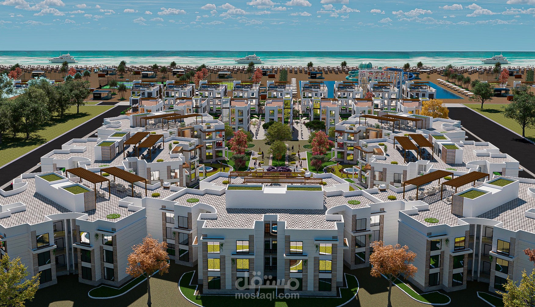 A residential-touristic compound on the sea, including residential units (chalets and townhouses) with integrated entertainment services.