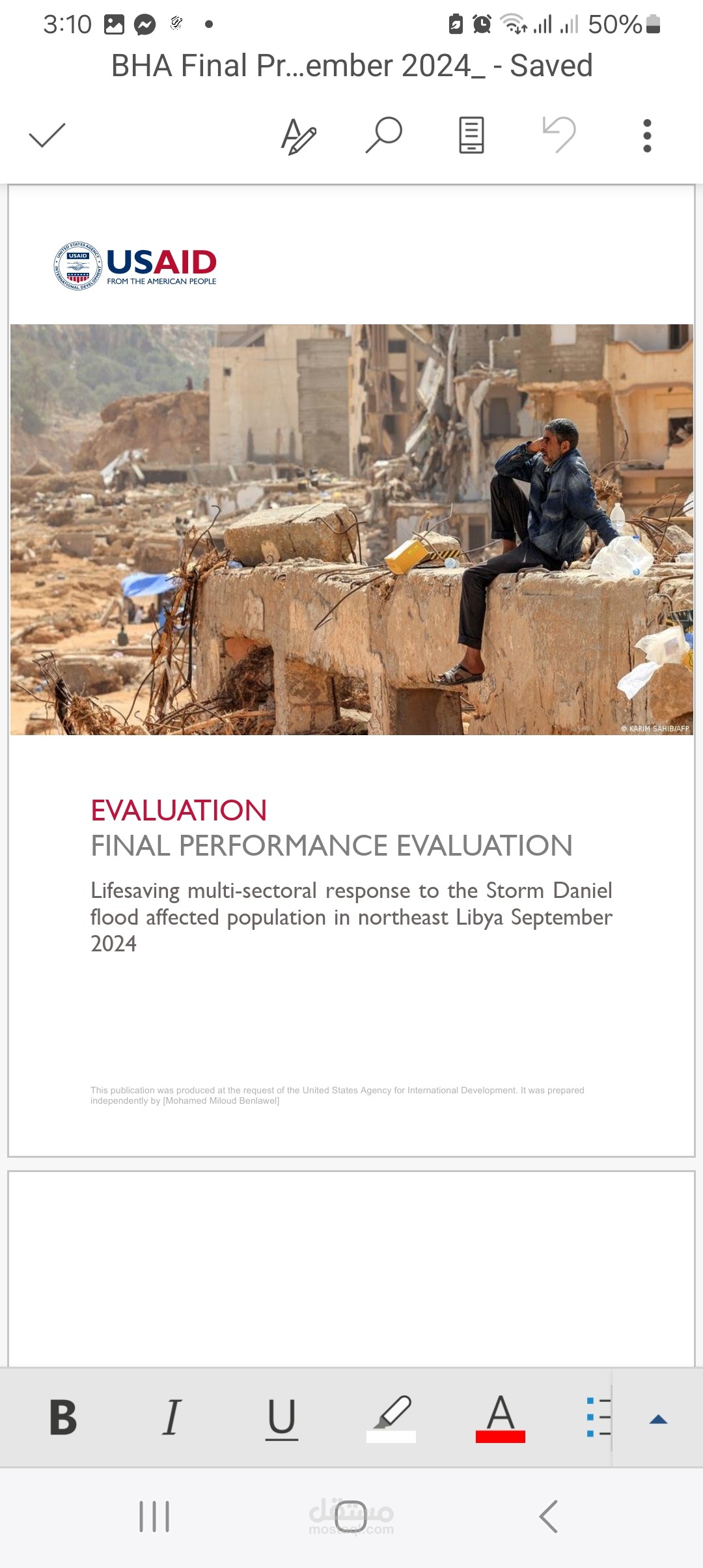 EVALUATION  FINAL PERFORMANCE EVALUATION Lifesaving multi-sectoral response to the Storm Daniel flood affected population in northeast Libya September 2024