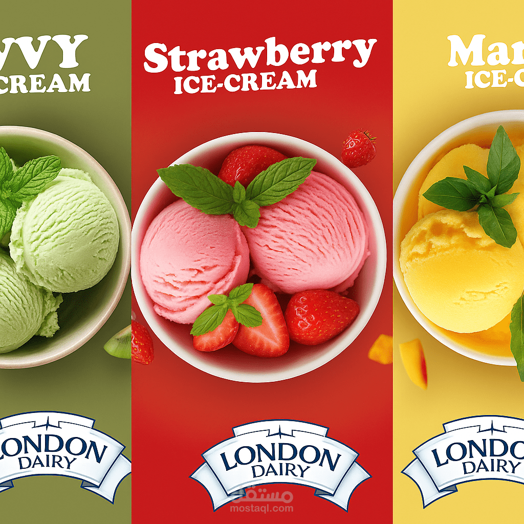 تصميم بوسترات تسويقية لعلامة تجارية غذائية (London Dairy)