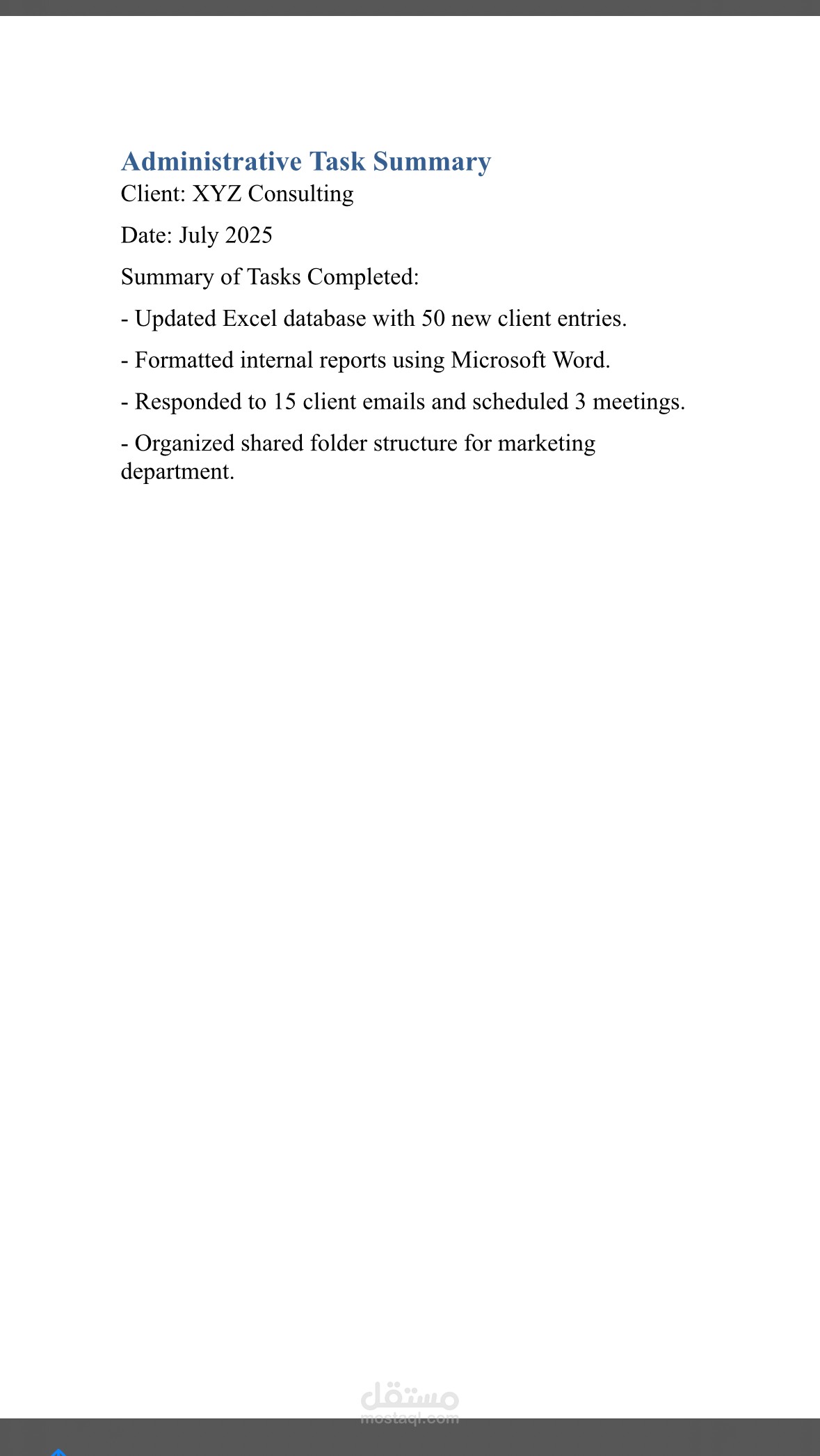 Administrative Task Report – Client & Team Support