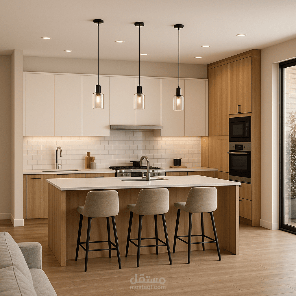 تصميم ديكور داخلي لمطبخ مودرن بنظام أمريكي مفتوح