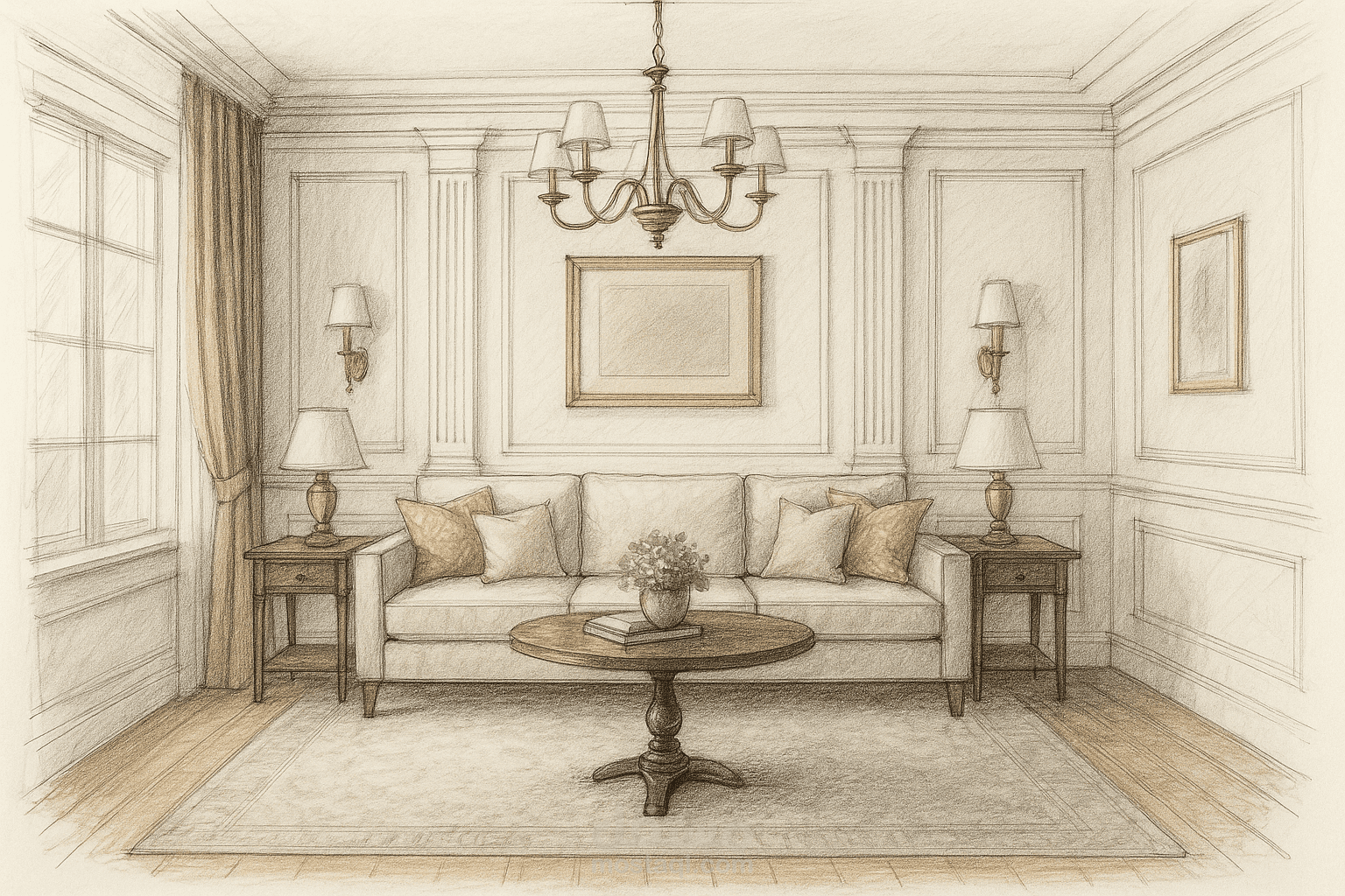 رسم يدوي وتصميم داخلي لغرفة معيشة بأسلوب كلاسيكي حديث