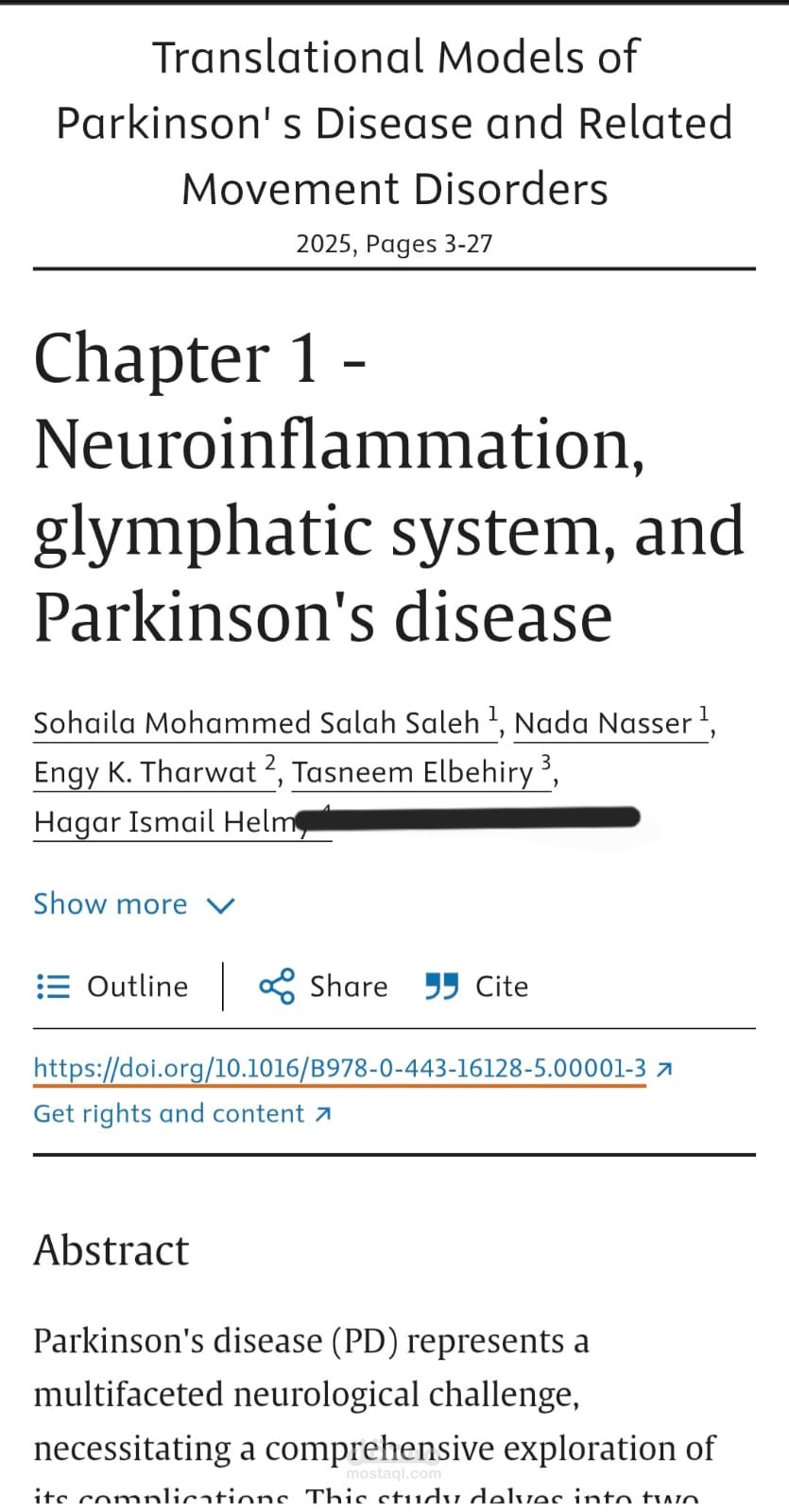 المشاركة في كتابة فصل في كتاب بعنوان " Chapter 1 - Neuroinflammation, glymphatic system, and Parkinson's disease"
