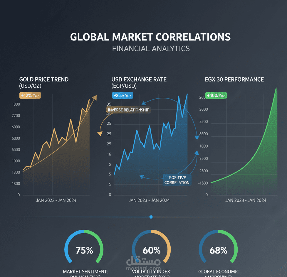 لوحة مؤشرات اقتصادية (Gold–USD–Stock Market)