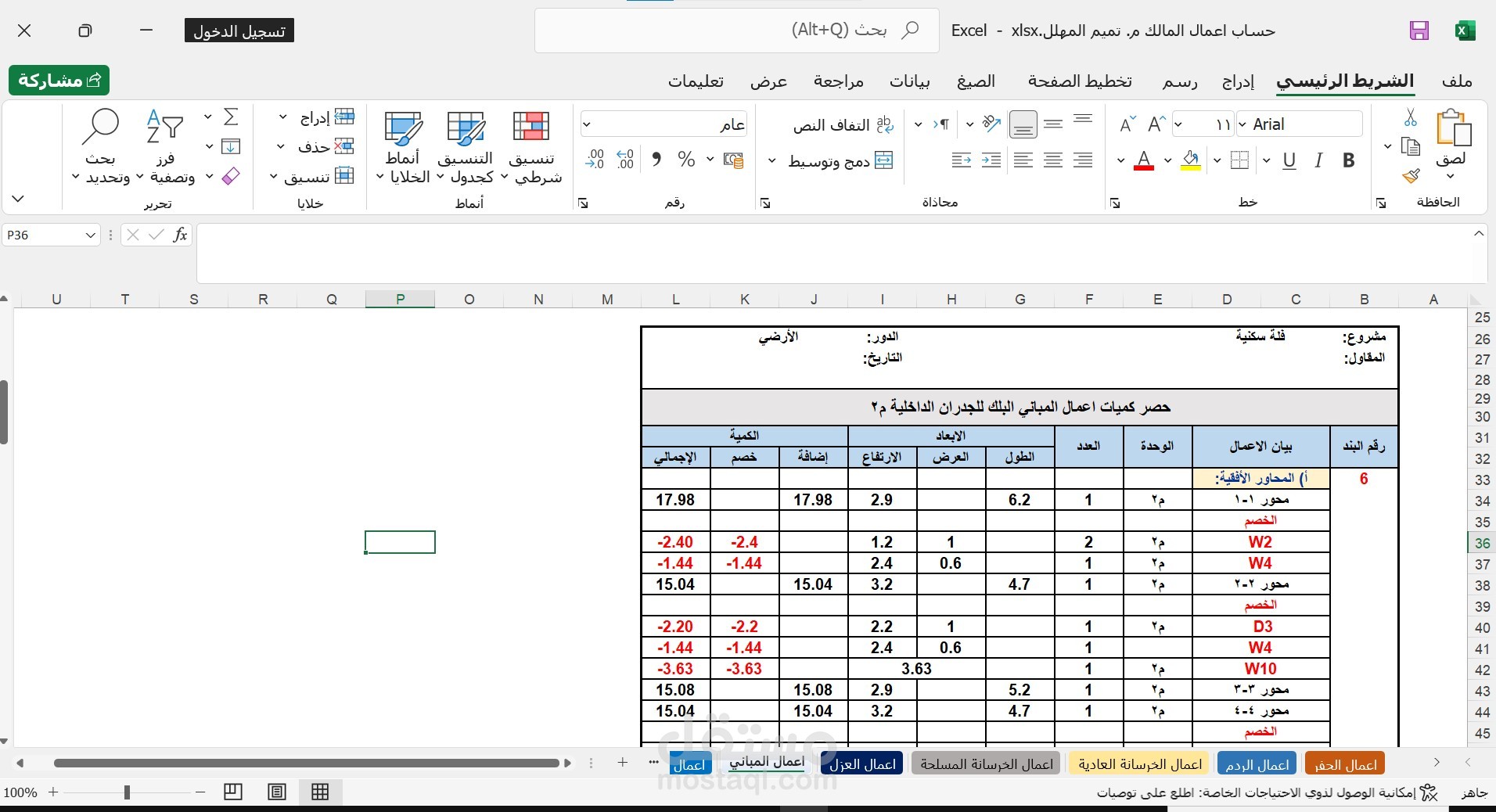 حساب الكميات اللزمة لإنشاء فلة سكنية بمساحة 197.85 متر مربع