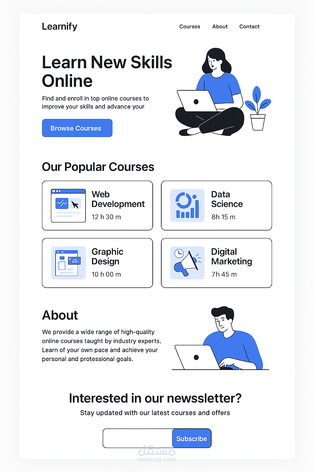 واجهة مستخدم حديثة لمعرض أعمال موقع Learn New Skills