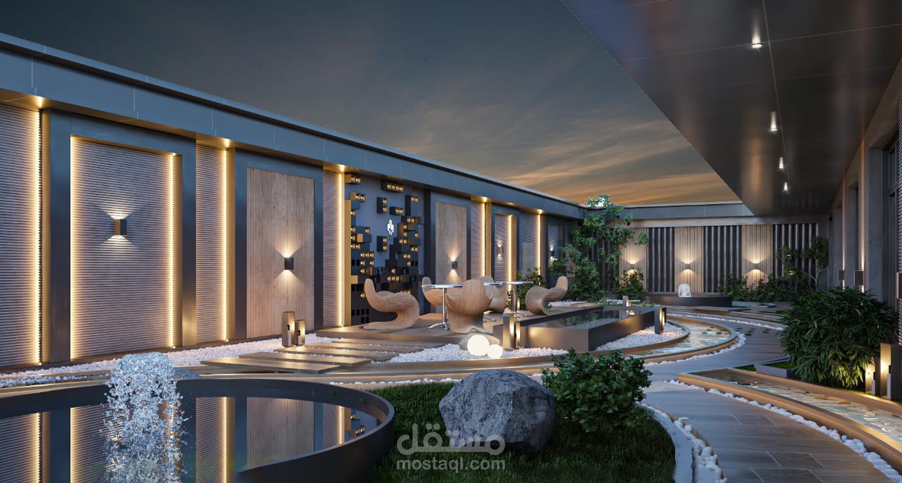 مشروع تصميم خارجي فندقي - جلسة خارجية ضمن حديقة عصرية