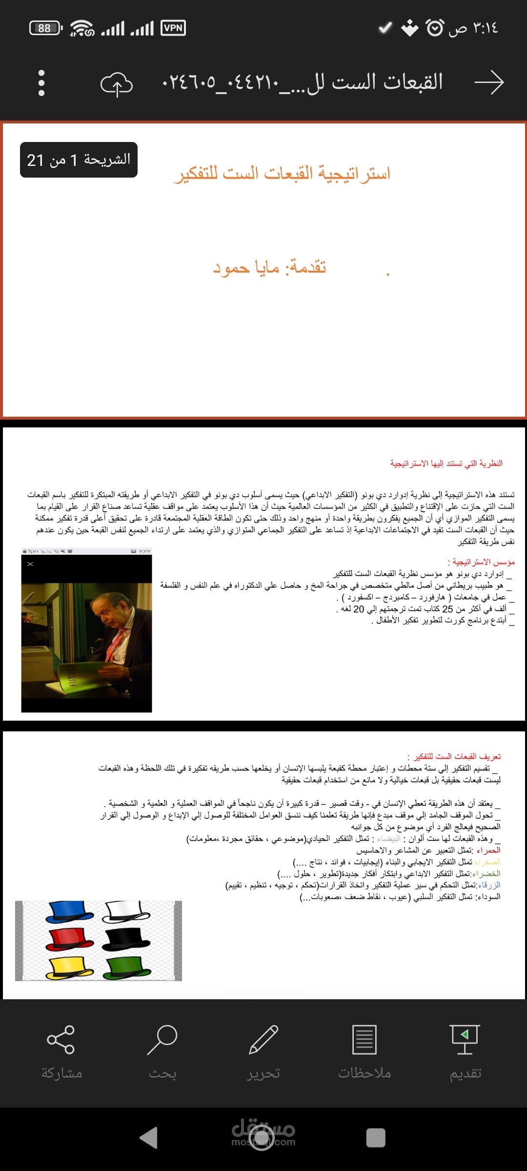 إعداد بحث بوربوينت عن إستراتيجية القبعات الست للتفكير