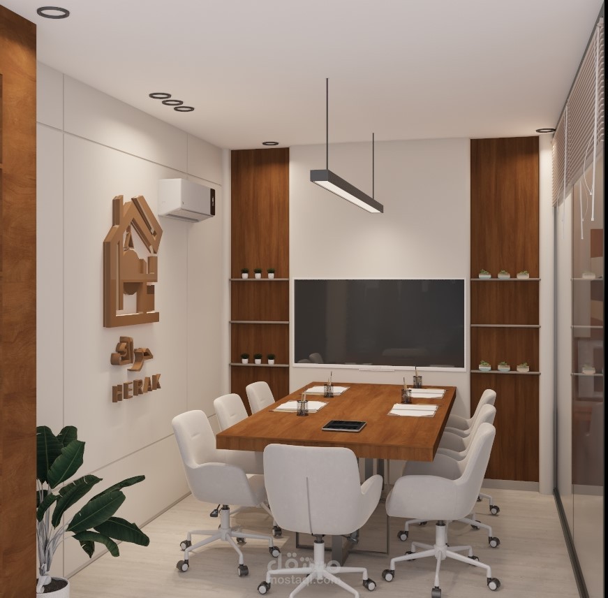 تصميم ثلاثي الأبعاد لمكتب مكون من مكتب مدير / مكتب موظافين / غرفة اجتماعات / منطقة استقبال تصميم  مودرن