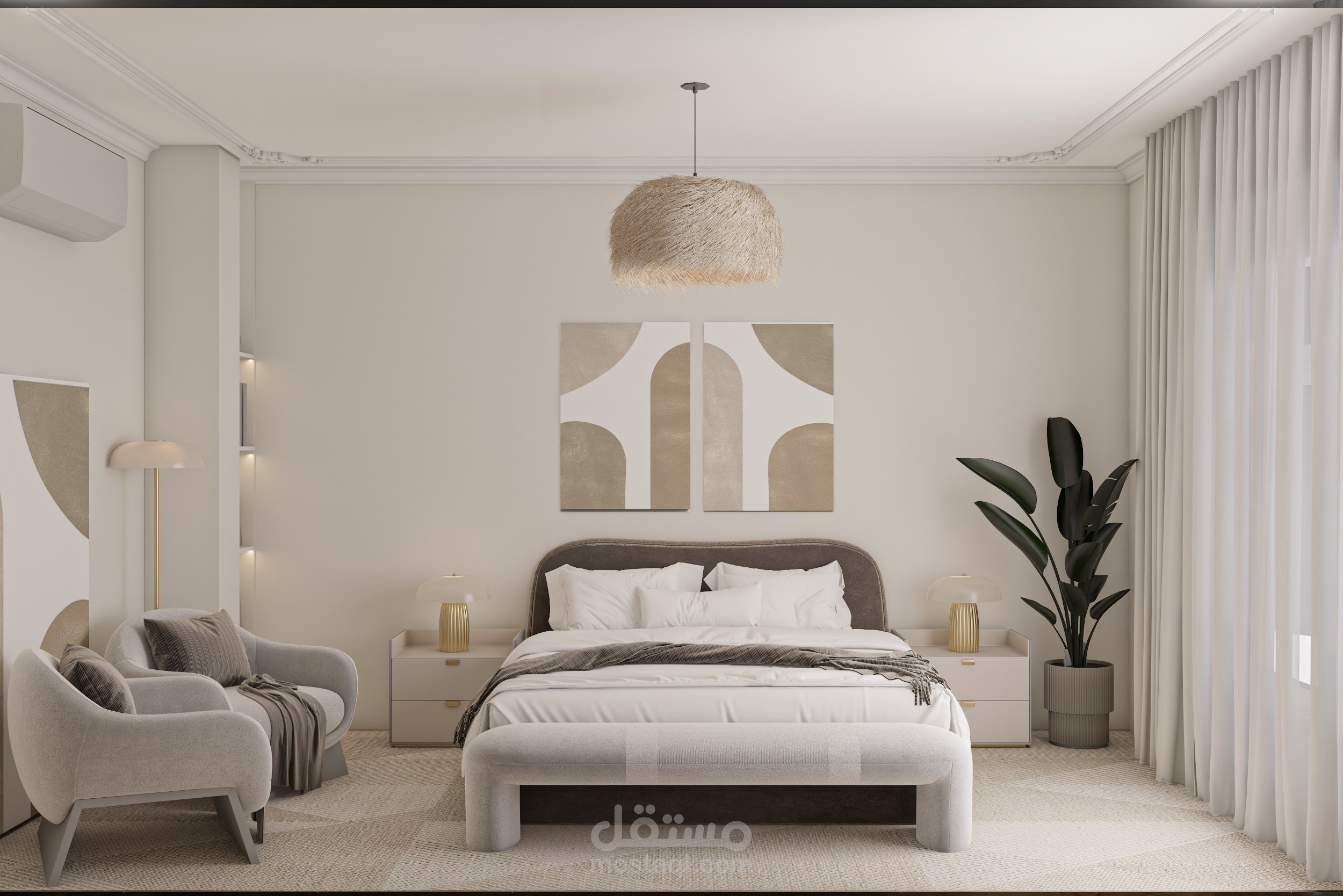 تصميم داخلي عصري بسيط - غرفة نوم رئيسية وغرفة معيشة