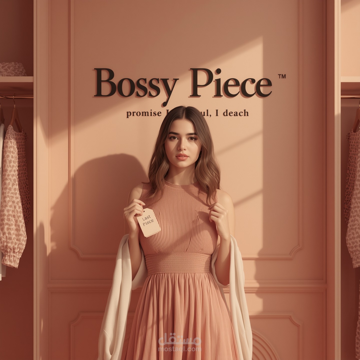 تصميم إعلاني لعلامة تجارية للأزياء "Bossy Piece" باستخدام الذكاء الاصطناعي (AI). يهدف التصميم إلى إبراز الأناقة والجاذبية، مع التركيز على قطعة فريدة (آخر قطعة) لإثارة اهتمام العملاء."