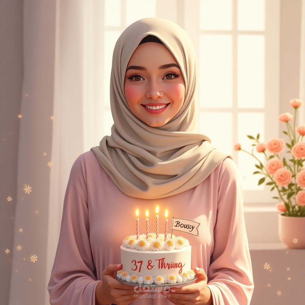 تصميم تهنئة عيد ميلاد بأسلوب محجبات عصري.