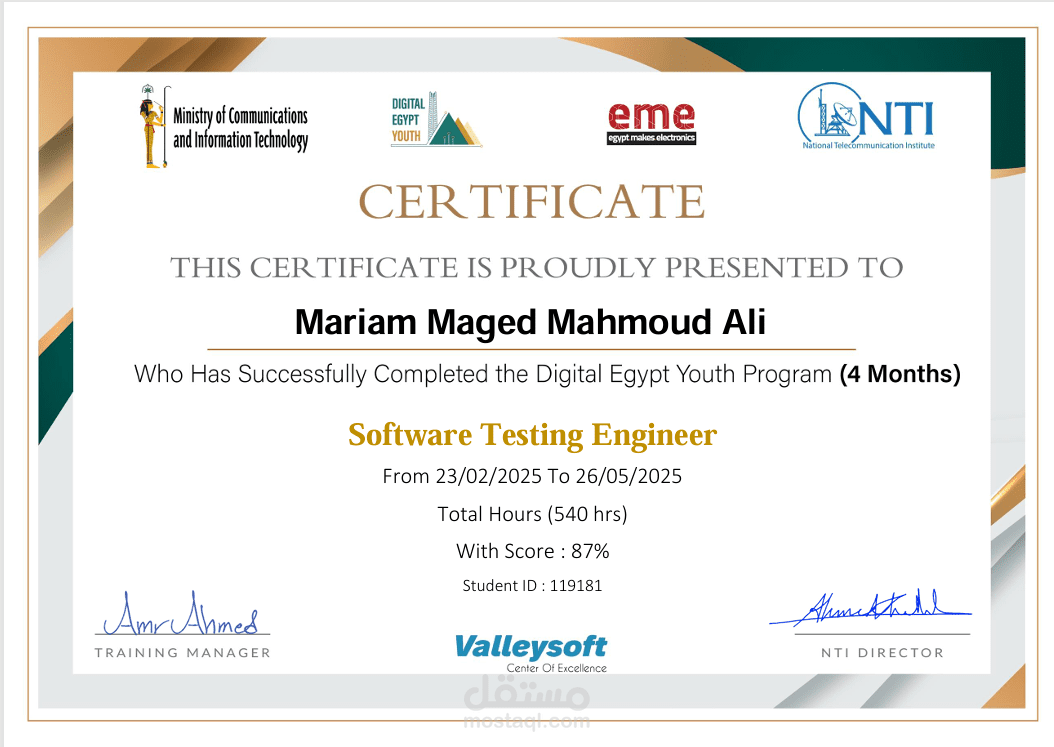 NTI Scholarship (Digital Egypt Youth 4 Month) / Software Testing Track