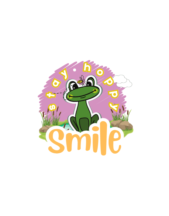 تصميم كرتوني مبتكر لضفدع مع عبارة تحفيزية "Stay Hoppy, Smile"