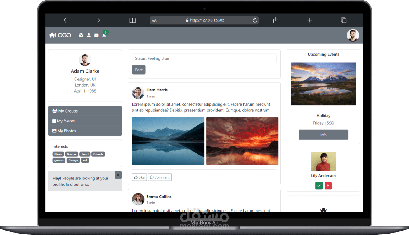 تصميم موقع تواصل اجتماعي متجاوب باستخدام html , css , bootstrap