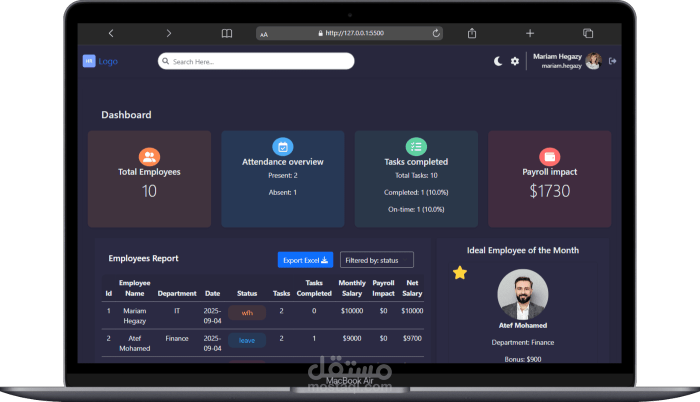 HR Dashboard – لوحة متابعة الموظفين والمهام