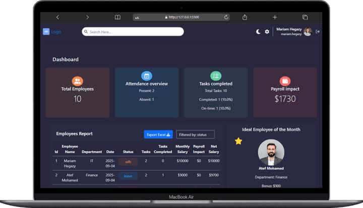 HR Dashboard – لوحة متابعة الموظفين والمهام