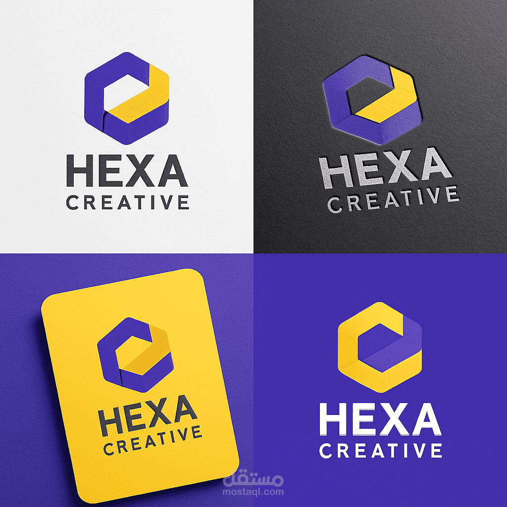 تصميم شعار احترافي باسم "Hexa Creative" يُظهر الهوية البصرية بأسلوب عصري ومرن.