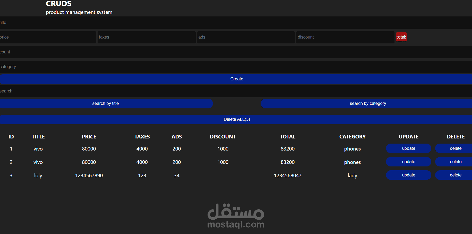 نظام إدارة منتجات باستخدام JavaScript (يدعم CRUD كامل)  مشروع إدارة المنتجات | HTML, CSS, JS  تطبيق بسيط لإدارة المنتجات مع تخزين البيانات في المتصفح