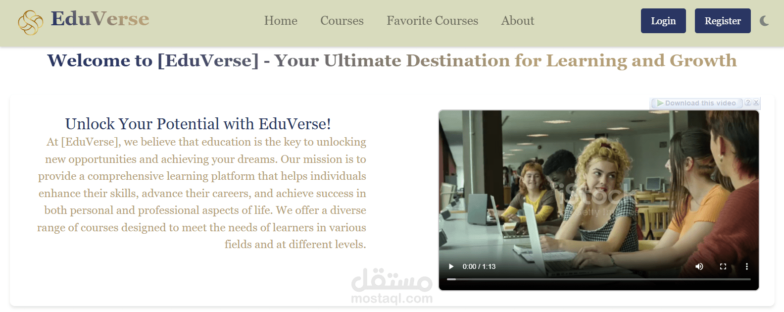 تصميم موقع كورسات تفاعلي Edu Verse (React.js)