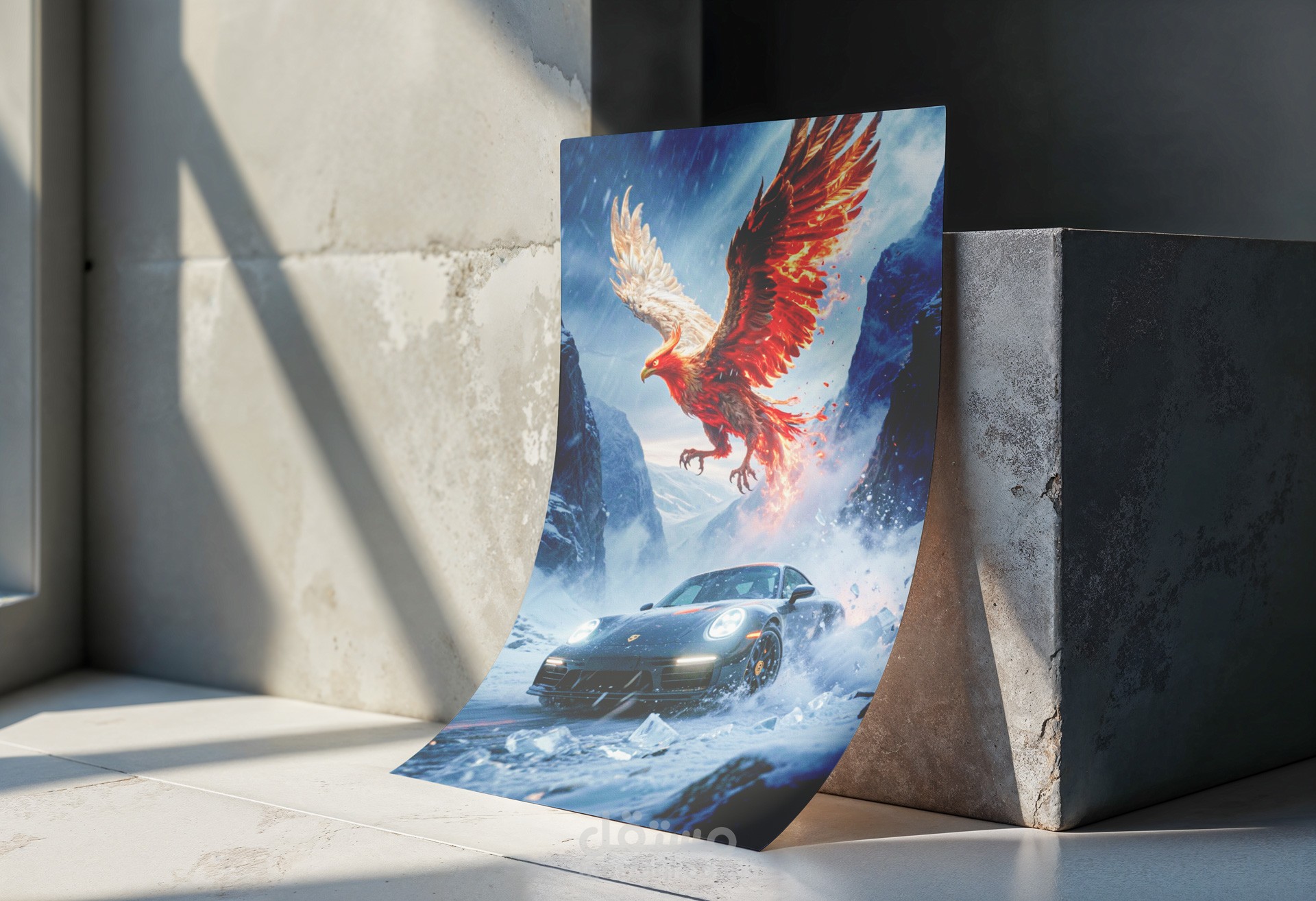 Epic Fiery Phoenix & Porsche Winter Chase Digital Artwork
