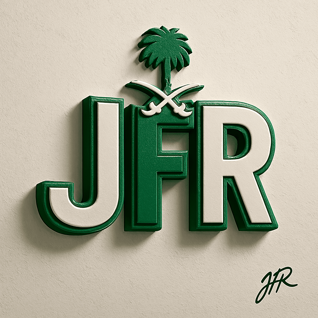 تصميم شعار ثلاثي الأبعاد لأحرف JFR مدمج برموز وطنية سعودية