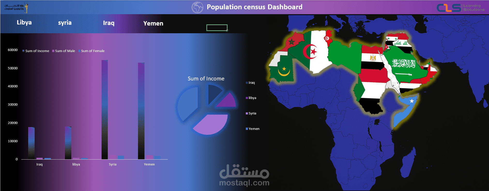 قمت بتصميم لوحة تحكم احترافية (Interactive Dashboard) لعرض وتحليل بيانات تتعلق بالمستوى المعيشي لعينة عشوائية من السكان في بعض الدول العربية