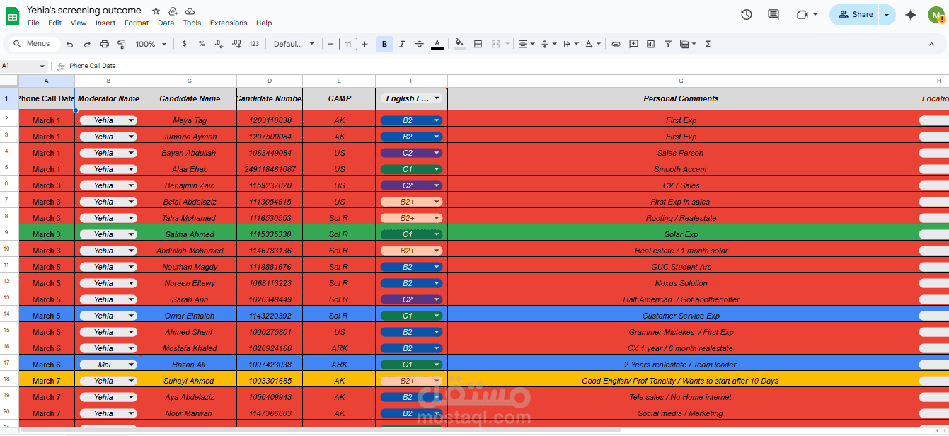 spreadsheets for Team Leader  and his Team Members