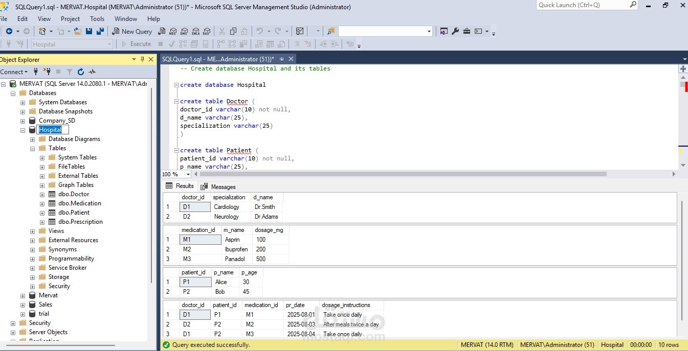 تصميم وإنشاء قاعدة بيانات احترافية متكاملة لمستشفى  باستخدام SQL