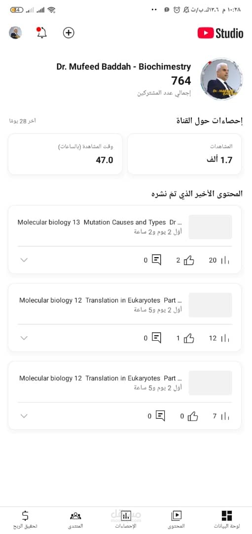 إدارة وتطوير قناة يوتيوب تعليمية للدكتور مفيد بداح - تخصص الكيمياء الحيوية