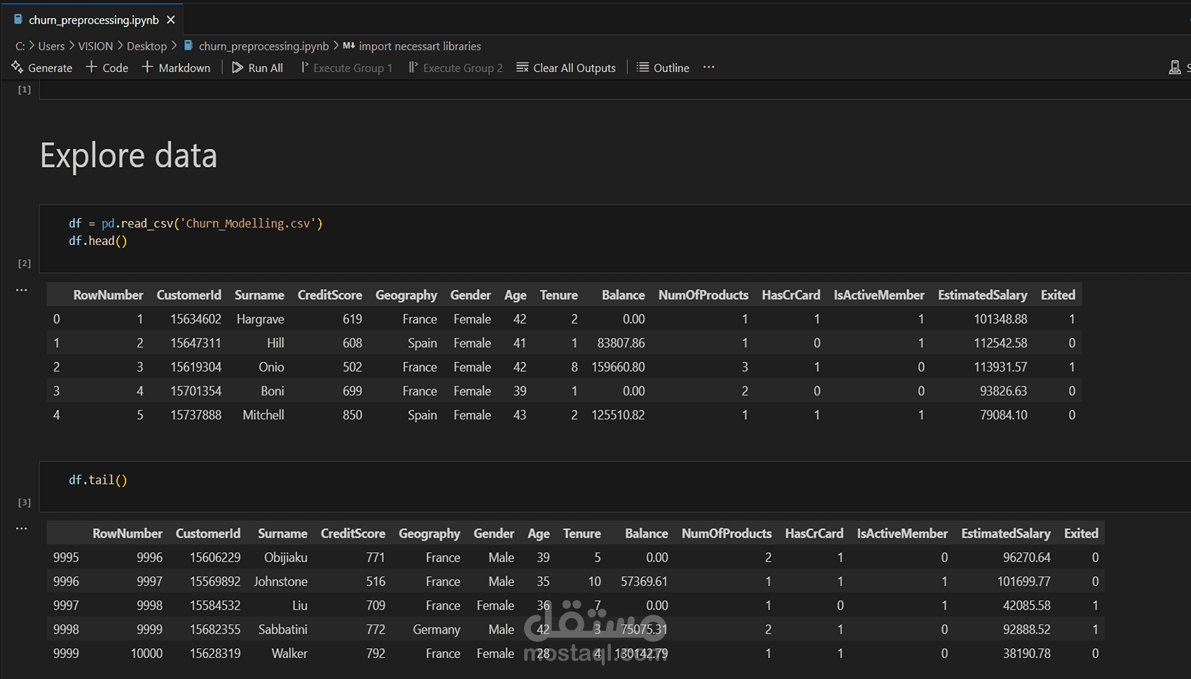 عمل استكشاف للبيانات من ملف CSV  والعمل عليها في مشروع Machine Learning