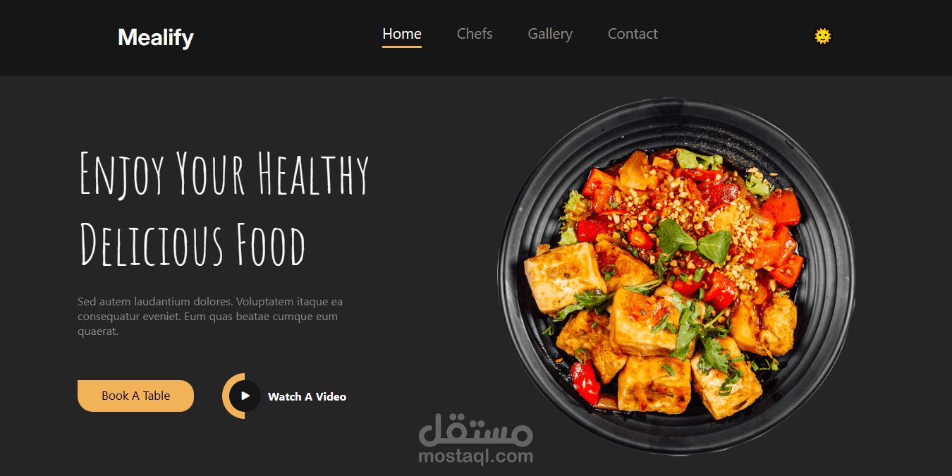 Landing Page لمطعم باستخدام HTML و CSS و JS مع دعم الوضع الليلي (Dark Mode)