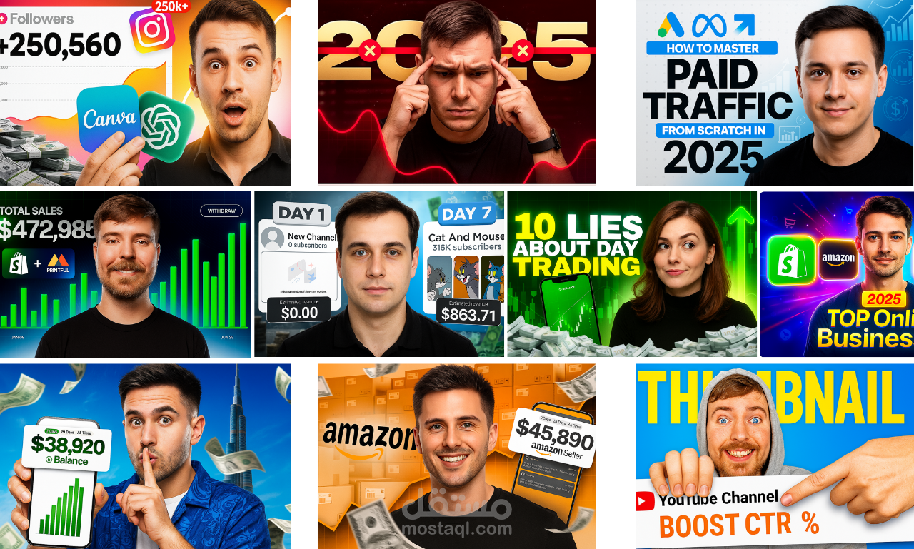 سأصمم صور مصغّرة (Thumbnails) احترافية لقنوات يوتيوب في مجال التمويل والاستثمار