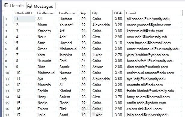 جدول بيانات طلاب باستخدام SQL