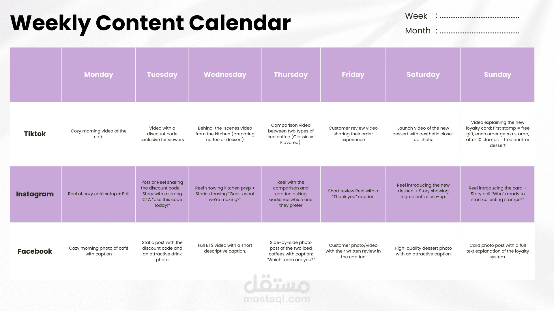 Content Calendar for Coffee shop
