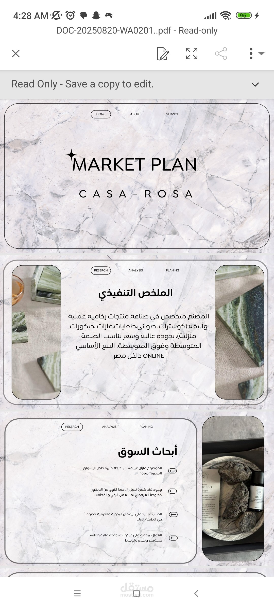 "قمت بوضع خطة تسويقية (Market Plan) متكاملة لبراند Casa Rosa المتخصص في منتجات الـ Marble Craft، بالإضافة إلى إعداد بريف أهداف (Objective Brief) يركّز على زيادة الوعي بالبراند وتعزيز المبيعات من خلال استراتيجيات تسويق مبتكرة."