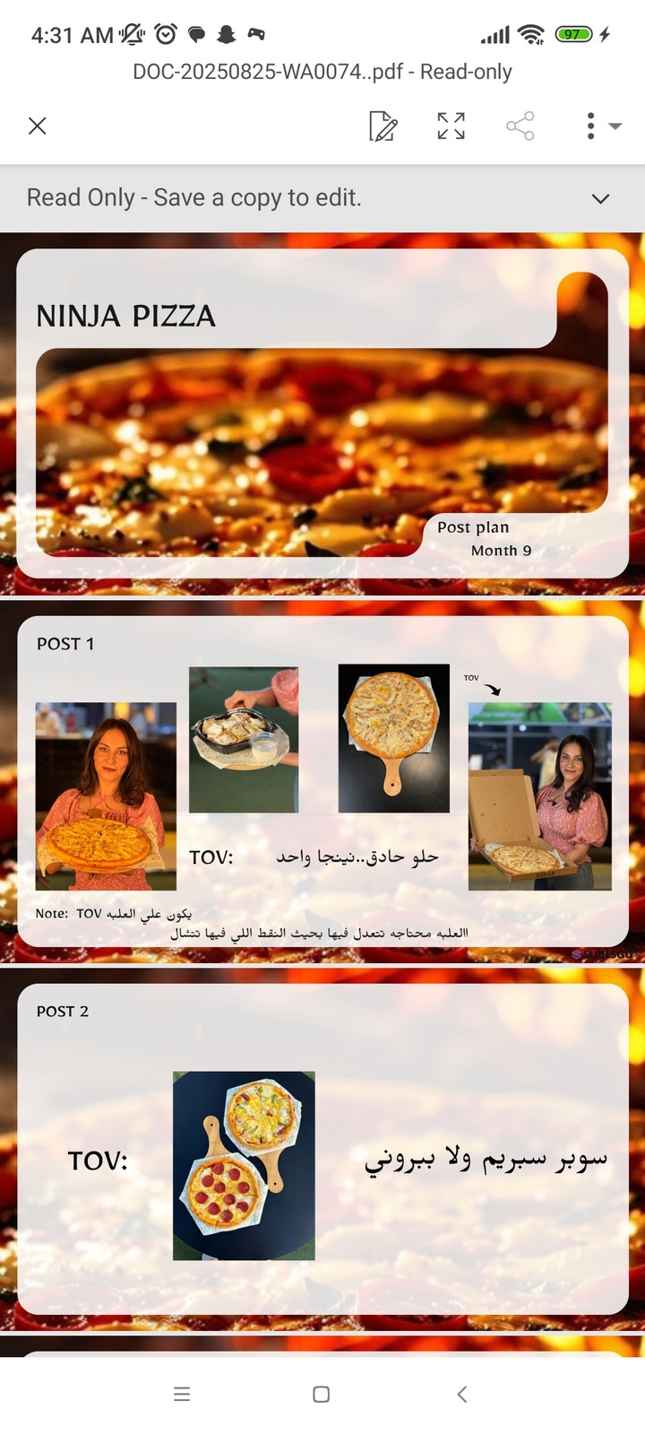 إعداد خطة محتوى (Post Plan) وكتابة بريف أهداف (Objective Brief) لمطعم Ninja Pizza في مدينة المستقبل."