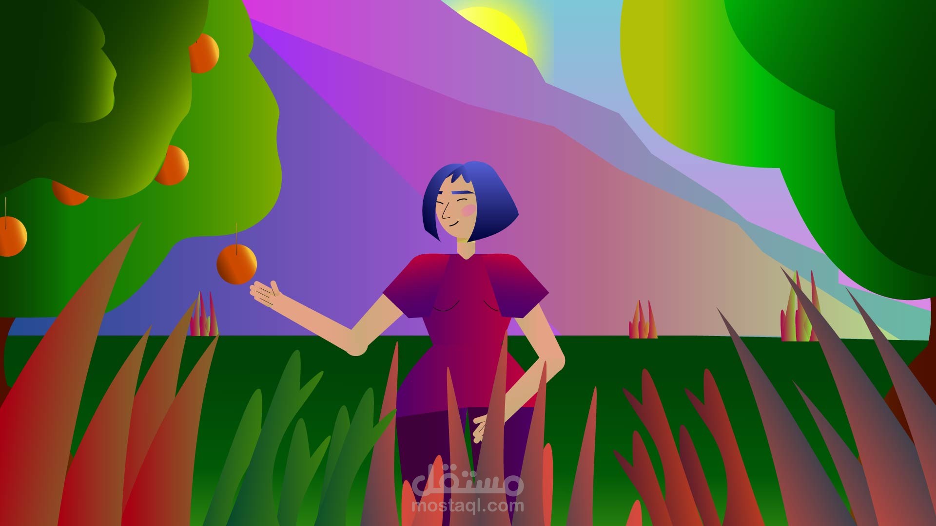 تصميم شخصية ثنائية الأبعاد جاهزة للتحريك، مع تصميم خلفية جذابة للمشهد.