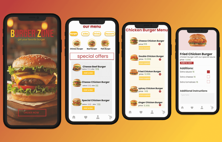 تصميم واجهات تطبيق مطعم UI/UX احترافيه burger zone
