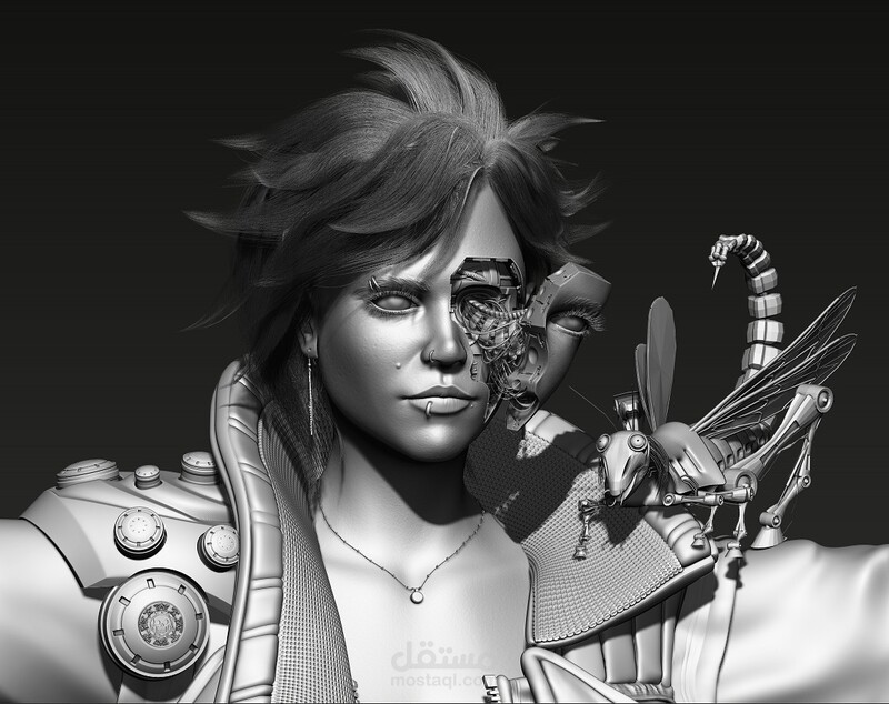 High-detailed sci-fi female sculpt created in ZBrush
