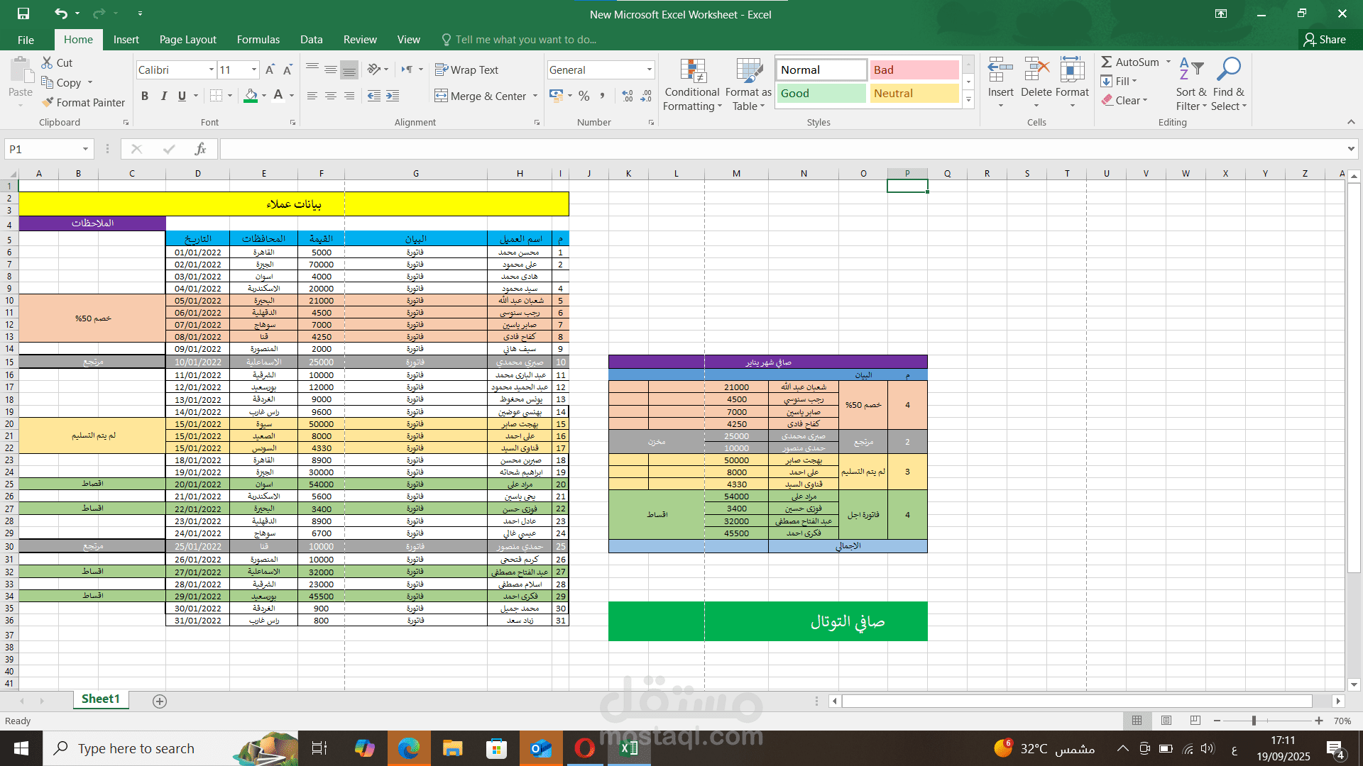تقرير تفصيلي لإيرادات شهر يناير (Excel)