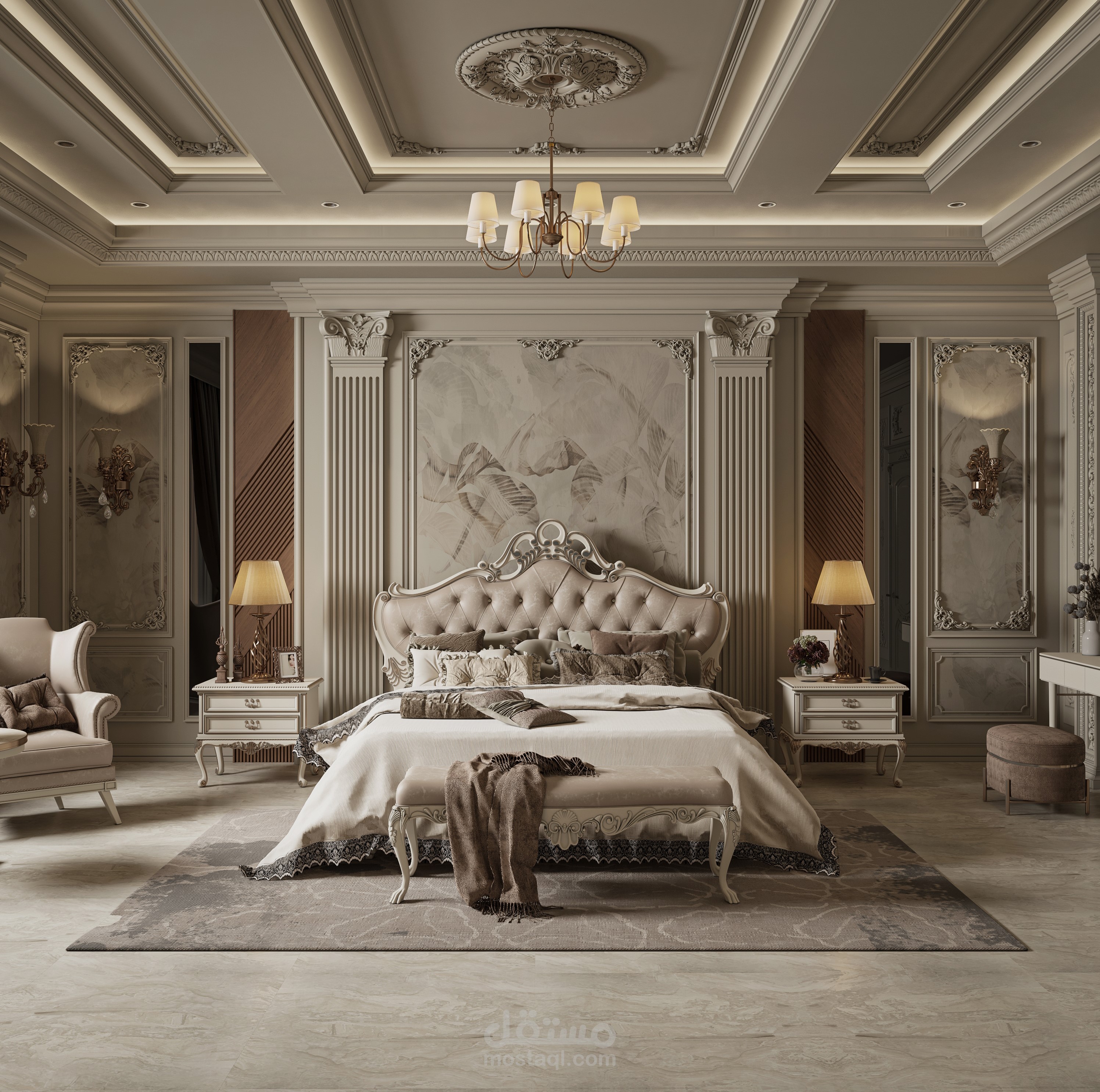 تصميم داخلي لغرفة نوم رئيسية بطراز كلاسيكي ببغداد-العراق