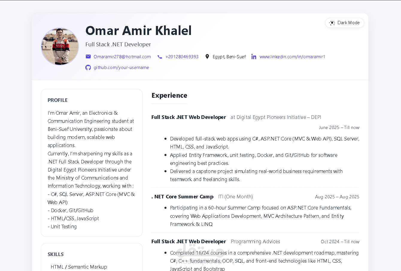 تصميم سيرة ذاتية إلكترونية احترافية (CV) بـ HTML, CSS, JS مع الوضع الليلي والفاتح